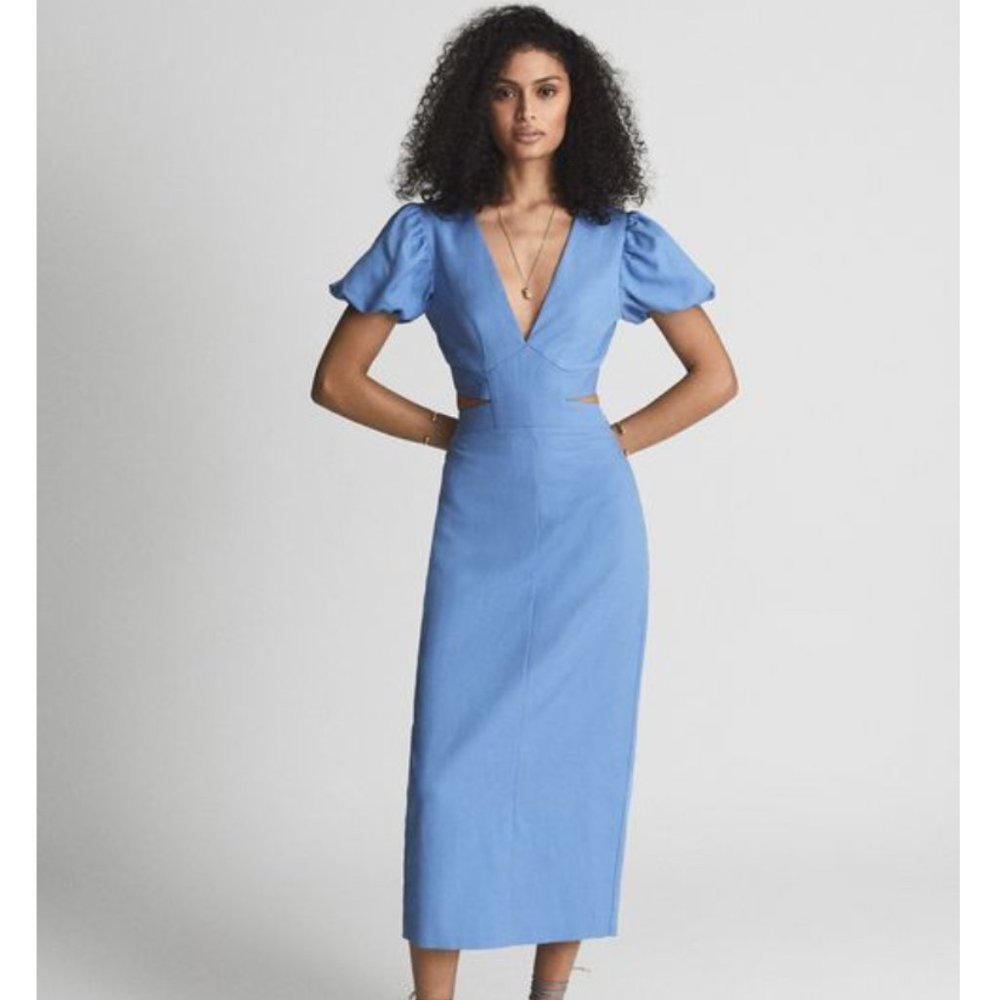 Reiss Jennah Puff Sleeve Cut Out Back Midi in Blue